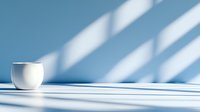 White ceramic mug on clean surface with dramatic diagonal shadow patterns from window blinds creating modern minimalist composition against blue wall.