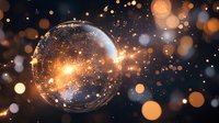 Magical glass sphere with glowing sparkles and golden bokeh lights against dark background creates mystical atmosphere for festive designs.