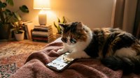 Fluffy tabby and white cat lying on brown knit blanket with smartphone, cozy home interior with warm lamp lighting and potted plants.