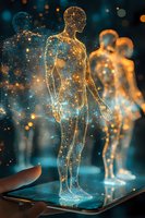 Glowing holographic human figure emerging from smartphone screen with luminous particles and network connections against dark background with bokeh lights.