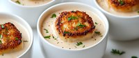 Pan-seared scallop atop creamy seafood bisque garnished with fresh herbs and cracked pepper in white ceramic bowl, elegant appetizer presentation.