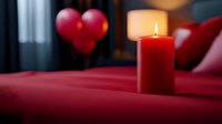 Romantic red candle glowing on burgundy bedding with heart-shaped balloons creating intimate atmosphere for Valentine's Day or anniversary celebration.