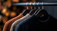 Cozy knitted sweaters in brown, beige and navy blue hanging on black wooden hangers in wardrobe closet. Warm winter clothing collection with soft bokeh background.