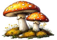 Red and orange spotted mushrooms growing on mossy ground with small yellow wildflowers, detailed nature illustration in warm autumn colors on white background.
