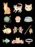 Cute cat and pet supplies collection with sitting tabby, playful kitten, cat face, yarn ball, paw print badge, food bowl, sleeping cat, decorative bow, feather toy, fish toy, meow banner, and collar. Isolated on transparent background, ready for t-shirt design, stickers, clipart, print-on-demand, and sublimation projects.