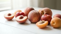 Fresh ripe peaches and apricots on white wooden table in soft natural light perfect for healthy eating recipes and summer fruit concepts.