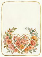 Watercolor floral heart arrangement with peach roses and gold frame on cream background, perfect for wedding invitations and greeting cards.