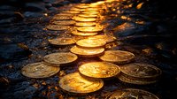 Golden coins scattered on dark wet surface with dramatic lighting creating mystical path of wealth, success and fortune. Glowing cryptocurrency concept for finance.