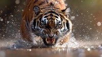 Fierce Bengal tiger splashing through water with intense expression, showing sharp teeth and powerful predatory nature in dramatic close-up wildlife photography.