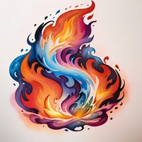 Abstract swirling flame design combining fire and water elements in vibrant orange, blue, and purple colors creating dynamic movement and energy on light background.