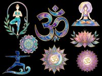 Yoga and meditation symbols collection with tree pose figure, om signs, lotus flowers, chakra mandalas, and seated yogi on transparent background. Ready for wellness designs, t-shirts, stickers, and print-on-demand products.