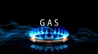 Blue gas flame burning on stove burner with smoke trails and glowing text against dark background, dramatic lighting highlights energy consumption concept.