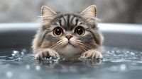 Adorable gray Persian cat with big amber eyes swimming in water, close-up portrait showing wet fur and determined expression while taking bath or therapy session.