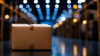 Cardboard shipping box in modern warehouse with blurred industrial lighting and storage shelves creating bokeh effect for logistics and delivery concepts.