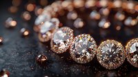 Luxury rose gold bracelet with round brilliant diamonds in halo settings on dark background with bokeh lights, macro jewelry photography.