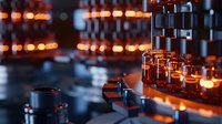 Glowing orange vacuum tubes in vintage electronic equipment create atmospheric lighting effect against dark background. Professional audio or radio equipment.