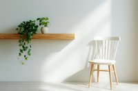 Minimalist interior with white wooden chair and green plant on floating shelf creating peaceful home decor atmosphere with natural sunlight shadows.