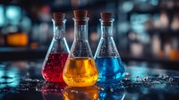 Three laboratory flasks containing red, yellow, and blue liquids on wet surface with bokeh background, suitable for chemistry, science education, research, and laboratory concepts.