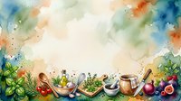 Fresh herbs and vegetables watercolor border with cooking utensils and ingredients arranged along bottom edge creating culinary frame for recipes and food content.