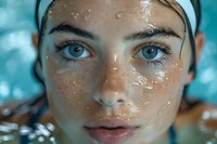 Close up portrait of young woman with water drops on face and bright blue eyes swimming in pool, looking directly at camera with serene expression.