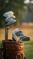 Professional golf clubs set in brown leather bag on course with blurred green background for sports and recreation themes.