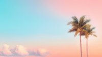 Dreamy tropical landscape with tall palm trees against pastel pink and turquoise sky at sunset, fluffy clouds creating serene summer atmosphere.