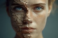 Young woman with cracked dry skin texture on half face showing skincare dehydration concept for beauty treatment and moisturizing products.