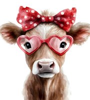 Adorable brown calf wearing red heart-shaped glasses and polka dot bow, watercolor style illustration on white background, ready for Valentine's day designs.