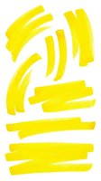 Bright yellow highlighter marker strokes and paint brush marks isolated on white background, ready for graphic design, web elements, and creative projects.