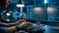 Male programmer with light skin tone working at night in modern tech workspace, typing on keyboard with multiple monitors displaying code, wearing smartwatch, focused on software development and cybersecurity tasks.