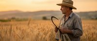 Senior male farmer in straw hat holding scythe in golden wheat field during sunset harvest time in rural countryside landscape.