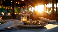 Empty wine glasses on elegant table setting with warm sunset glow through window, romantic restaurant ambiance with bokeh lights and candlelight creating intimate dining atmosphere.