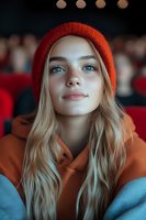 Young blonde woman wearing orange knit beanie and hoodie in cinema theater with red seats, casual lifestyle portrait for entertainment and leisure concepts.