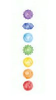 Chakra system symbols arranged vertically with seven energy centers in purple, blue, light blue, green, yellow, orange, and red isolated on white background for wellness and spiritual design projects.