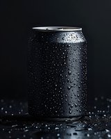 Black aluminum can with water droplets condensation on dark background, cold beverage container photographed in studio with dramatic lighting and reflection.