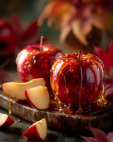 Caramel glazed red apples with fresh slices on rustic wooden board surrounded by autumn leaves, perfect for seasonal dessert recipes.