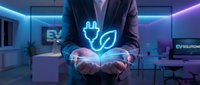 Businessman in dark suit holding glowing electric plug and leaf neon icon, symbolizing renewable energy and sustainable power solutions for modern business and technology.