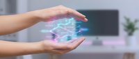 Hands protecting holographic digital globe with network connections in modern office environment for technology and global communication concepts.