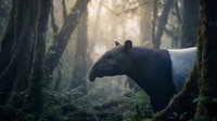 Malayan tapir walking through misty tropical rainforest with sunbeams filtering through dense canopy creating atmospheric wildlife scene for nature documentaries.