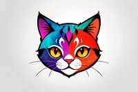 Colorful cat face with geometric rainbow pattern and yellow eyes on isolated background, featuring modern pop art style design for merchandise and prints.