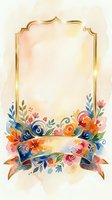 Ornate golden frame with watercolor florals and ribbon banner on cream background, isolated for invitations, greeting cards, and design projects.