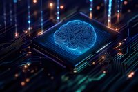 Glowing digital brain on computer processor chip with circuit paths and light effects, representing artificial intelligence and machine learning technology.