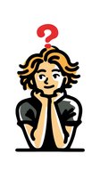 Cartoon character with curly hair thinking with red question mark above head, isolated on white background for educational materials.