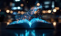 Open magical book with glowing blue light and sparkling particles rising from pages against dark background with bokeh lights, creating mystical atmosphere.