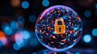 Glowing padlock icon surrounded by digital data streams in glass sphere against blurred blue bokeh background, cybersecurity concept visualization.