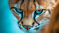 Close-up portrait of wild caracal cat with striking turquoise blue eyes and tufted ears against vibrant teal background for wildlife photography.