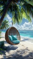 Woven hanging egg chair with turquoise cushions on tropical beach under palm trees. Crystal clear ocean waters and white sand create serene vacation atmosphere.