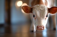 Close-up portrait of young white calf with brown ears looking directly at camera against blurred barn background, showing curiosity and innocence in soft lighting.