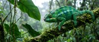Green chameleon on mossy branch in tropical rainforest environment with lush vegetation and natural lighting for wildlife and nature themes.