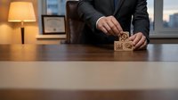 Businessman in suit stacking wooden blocks with house icons on office desk, representing real estate investment and property development planning.
